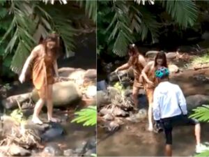 Viral Video Pesepeda Ketemu Wanita Cantik di Sungai, Asyik Mandi Hanya Ditutupi Jarik